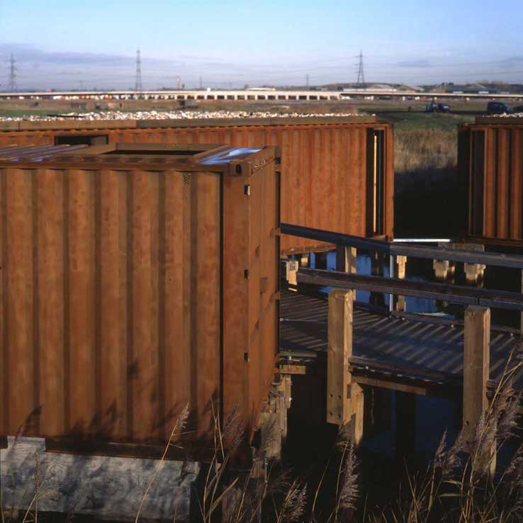 The classroom and public outlook building are founded on wooden piles and sit above the newly created wetland.