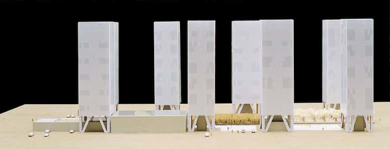 study model with eight residential towers and public gardens.