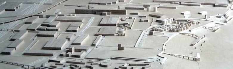 Model of proposed developments, A13 trunk road, Dagenham Dock station, and Thames wharves.