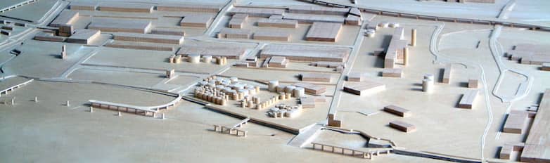 Model of proposed developments, A13 trunk road, Dagenham Dock station, and Thames wharves.