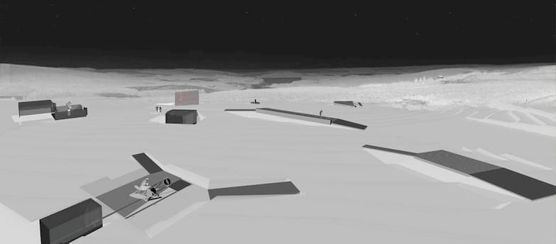 Computer generated visualisation of observatory complex at night.