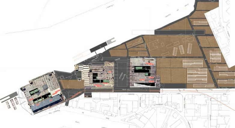 Roof plan drawing of bunker proposals with site context.