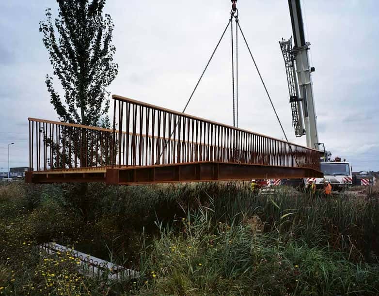 Crane installation of new public access foot and cycle bridge.