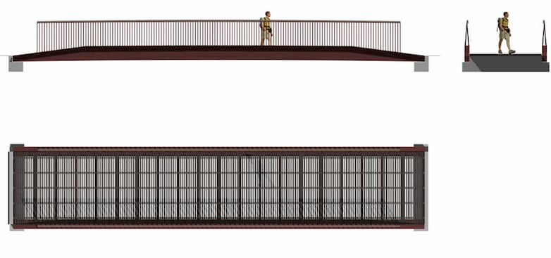 Scheme drawings for long bridge, showing scale and detailing of handrails.